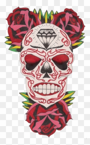 Sugar Skull And Rose Flowers Tattoos Design - Day Of The Dead Skull Colored Tattoos