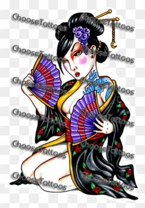 Colored Fans And Geisha Tattoo Design - Butterfly And Stars Tattoo Designs