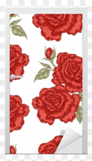 Vinilo Para Puerta Patrón Sin Costuras Con Flores Rosas - Telas Blancas Con Flores Rojas