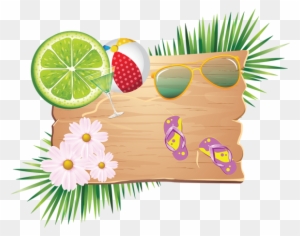 Summer Elements On Wood With Tropical Leaves, Summer, - Summer
