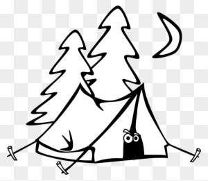 Camping Tent Eyes Trees Moon Night Cartoon - Camping Clipart Black And White
