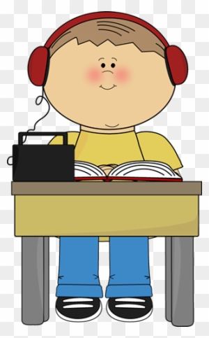 Boy Reading And Listening To Book - Child In Chair Clip Art