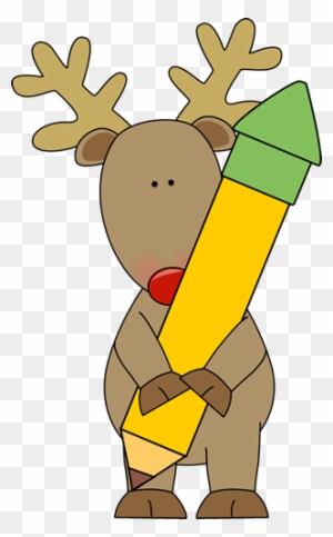 Reindeer Holding A Pencil - Christmas Pencil Clipart