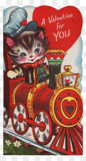 Vintage 1960's Unsigned Kitty Engineer Train Valentine - Valentine's Day