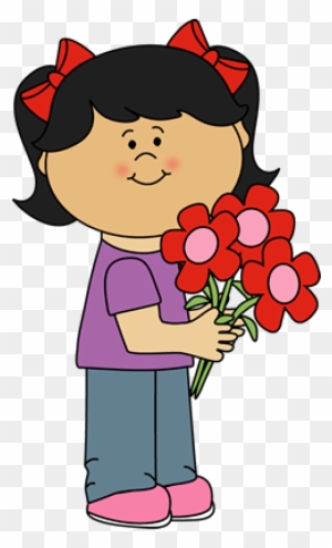 Clipart Girl With Flowers Holding Valentine S Day Clip - Girl With Flowers Clipart