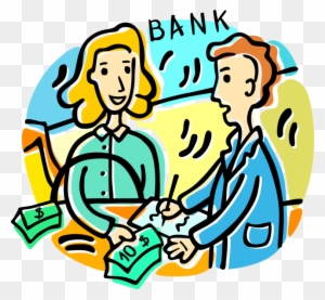 Vector Illustration Of Bank Teller And Customer Withdrawing - Deposit Money Clip Art