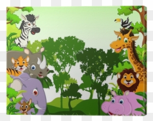 Animals Cartoon With Tropical Forest Background Canvas - Jungle Cartoons Frame