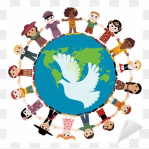 Happy Children Holding Hands Around The Globe Sticker - Peace Around The World