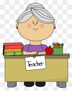 Teacher With Gray Hair Sitting At A Desk - School Teacher Clipart