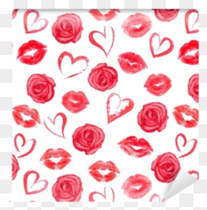 Seamless Pattern With Roses, Hearts And Trace Lips - Kisses And Hearts