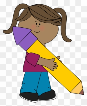 Girl Holding A Big Yellow Pencil Clip Art - Girl Holding Pencil Clipart