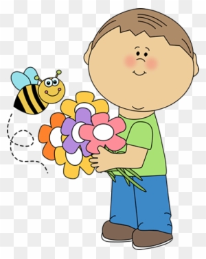 Boy With Flowers And Bee Spring Clip Art Kids Truly - Spring Clipart Kids