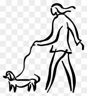 Vector Illustration Of Dog Owner Walks Family Pet Dog - Person Walking Dog Line Drawing