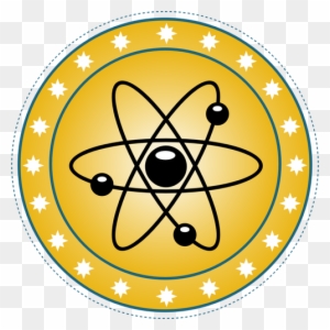 Vector Drawing Of Atomic Badge Set In Gold - Golden Atom Round Ornament