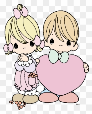 Boy Standing Next To Girl Holding A Giant Heart - Precious Moments Coloring Pages