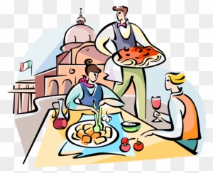 Vector Illustration Of Italian Waiter Serves Pasta - Free Restaurant Clip Art