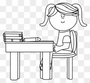 Black And White School Girl Sitting At A Desk - Girl At Desk Clipart Black And White