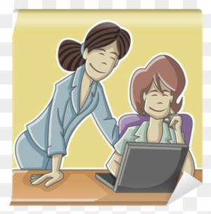 Cartoon Business Woman Working On Office Computer Wall - Business