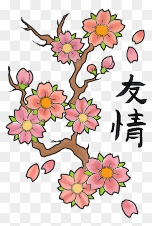 Japanese Symbols And Cherry Blosoom Flowers Tattoo - Cherry Flower Tattoo Design