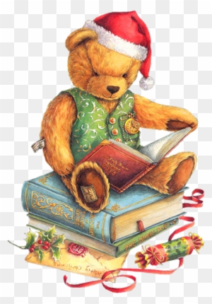 Christmas Teddy Bear With Santa Hat And Books Png Clipart - Christmas Children Reading Clip Art