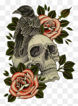 Skull Flower Crow Raven Rose Halloween - Raven And Skull Tattoo
