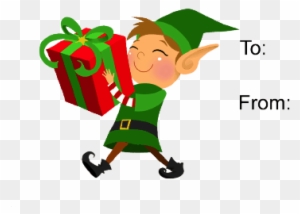 This Gift Tag Features A Grinning Elf Carrying A Large - Elf Clipart