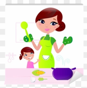 Mother Cooking Healthy Food With Child In Kitchen - Indian Child Cooking Clipart