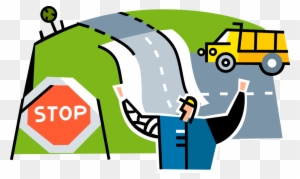 Vector Illustration Of Road Construction Worker Directs - Traffic Sign