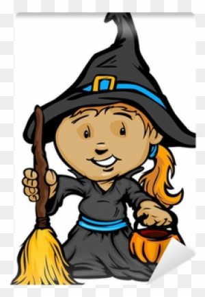 Cute Halloween Girl In Witch Costume Cartoon Vector - Cute Halloween Kids In Trick Or Trea Greeting Card