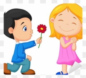 Little Boy Kneels On One Knee Giving Flowers To Girl - Boy Giving Rose To A Girl