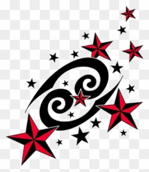 Red Nautical Stars And Cancer Zodiac Tattoo Design - Zodiac Sign Cancer Tattoo Designs