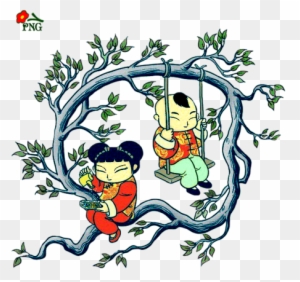 Chinese Children On The Tree Graphics Clipart - Illustration