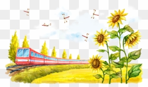 Fukei Poster Cartoon Illustration - Common Sunflower