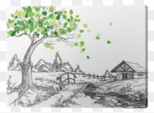 Green Leaves Spring Tree, Rural Landscape, Bridge Over - Rural Community Line Drawing