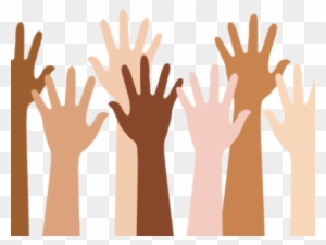 diverse people raising hands