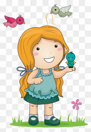 Royalty Free Clipart Image Of A Little Girl Playing - Girl With Bird Cartoon
