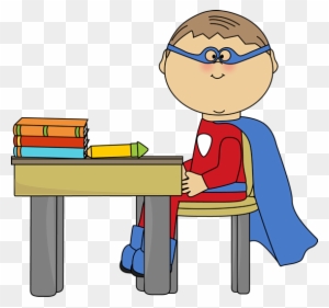 Boy Superhero At School Desk Clip Art - Superhero At School
