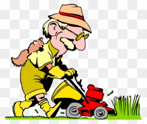 Vector Illustration Of Man With Squirrel Mows The Lawn - Old Man Mowing Lawn Cartoon