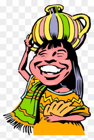 Vector Illustration Of Native South American Girl Carries - Girl Carrying Water On Her Head Cartoon