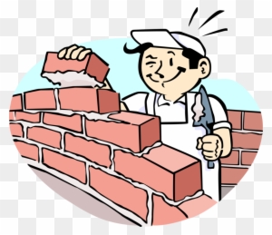 Vector Illustration Of Mason Bricklayer Builds Masonry - Build A House Cartoon