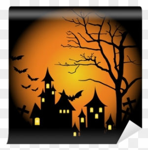 Halloween Background With Haunted House, Bats And Full - Halloween ...