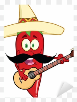 Red Chili Pepper With Mexican Hat And Mustache Playing - Pdf Chili Clip Art