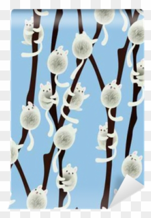 Funny Kawaii Pussy-willow Cats Sitting On The Branches - Pussy Willow Cat Illustration