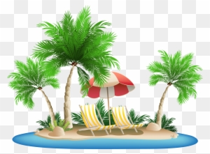 Beach Umbrella With Chairs And Palm Island Png Clipart - Palm Tree Beach Clipart