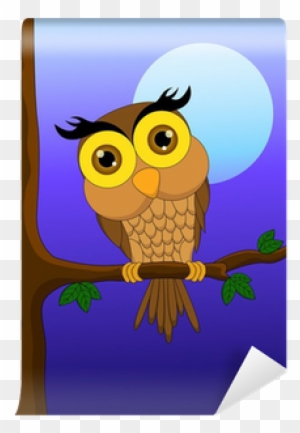 Cartoon Owl Sitting On Tree Branch With Moon Wall Mural - Branch