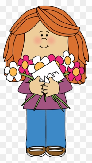 White Caucasian Girl With Red Hair Holding Flowers - Happy Mothers Day Animated
