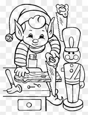 black and white coloring page of boy elf peeking around
