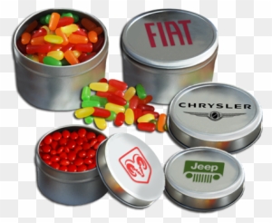 Imprinted Tin Cans Filled With Mike And Ike, Reeses - Tin Candy Containers