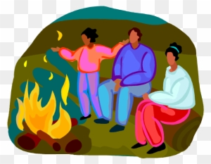 Drawing Of A Family Camping And Enjoying A Campfire - Illustration