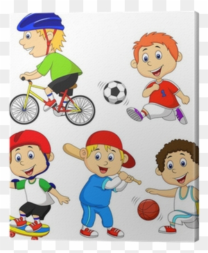 Funny Boy Cartoon Character Doing Sport Canvas Print - Cartoon Sports Kid